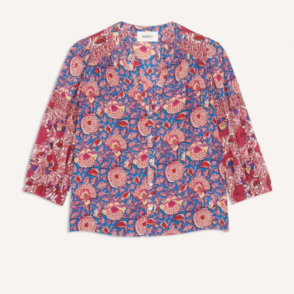 ba&sh Vlad Shirt Size L blue and fuchsia combo, bohemian style womens top